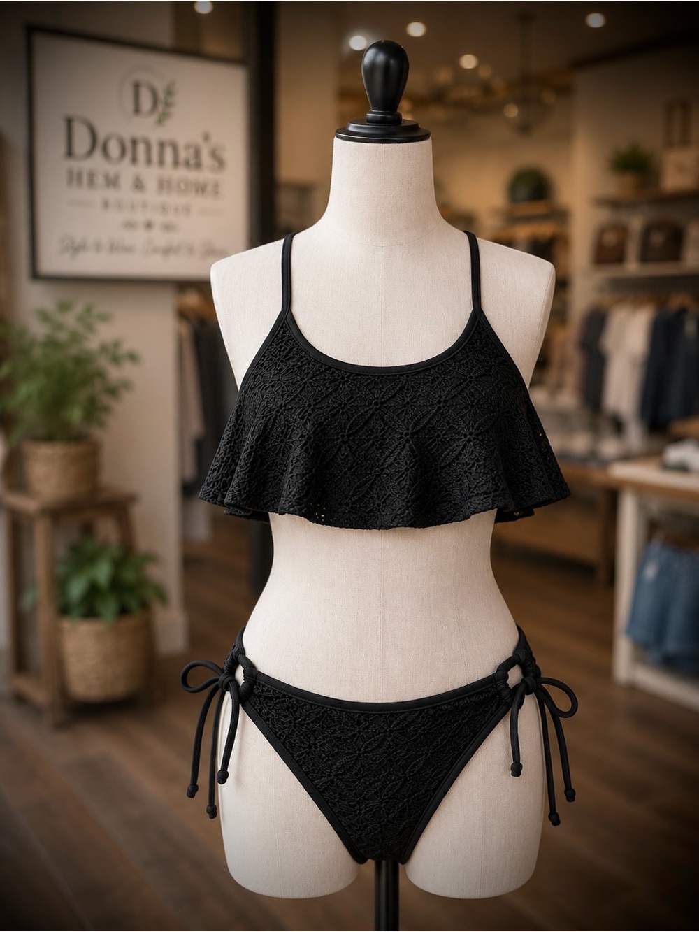 GOSSIP Black Crochet Lace Style Flounce/Flutter Top & Side-Tie Bottoms Bikini